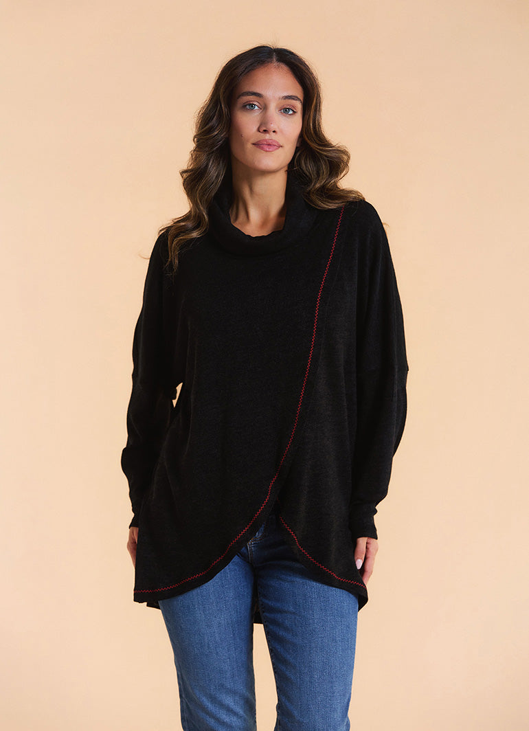 Cowl Neck Wrap Front Black Knit Cardigan