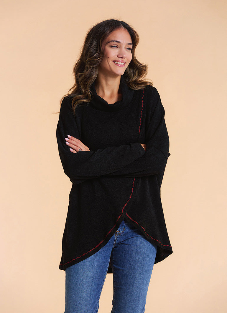 Cowl Neck Wrap Front Black Knit Cardigan
