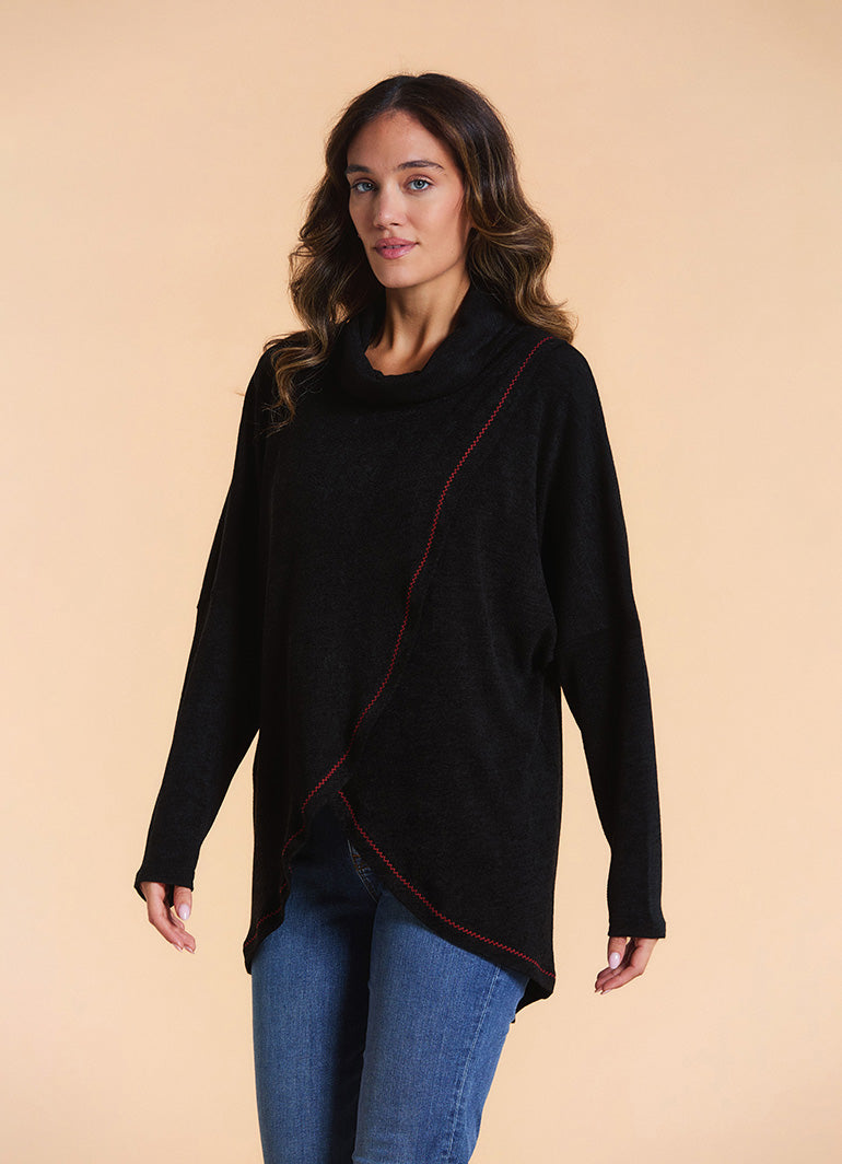 Cowl Neck Wrap Front Black Knit Cardigan