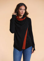 Cowl Neck Thumbhole Sleeve Terracotta Black Long Knit Cardigan