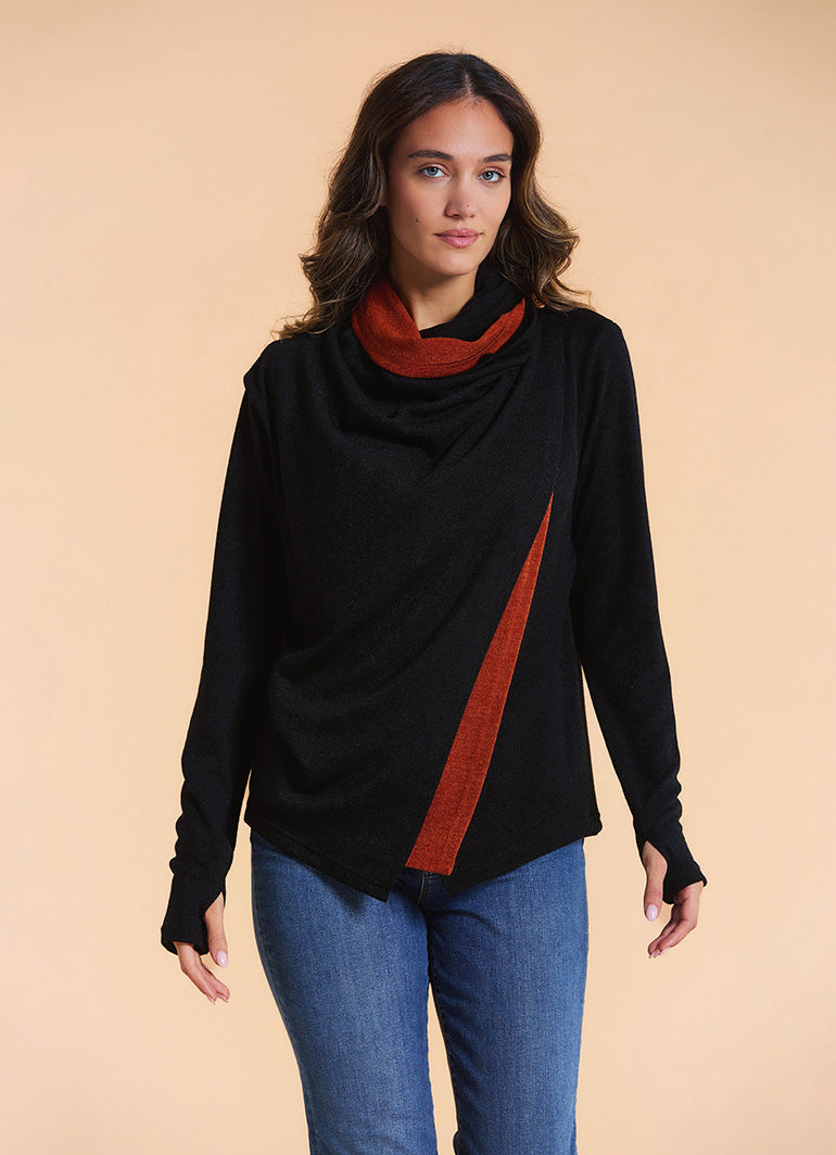 Cowl Neck Thumbhole Sleeve Terracotta Black Long Knit Cardigan