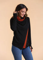 Cowl Neck Thumbhole Sleeve Terracotta Black Long Knit Cardigan