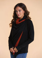 Cowl Neck Thumbhole Sleeve Terracotta Black Long Knit Cardigan