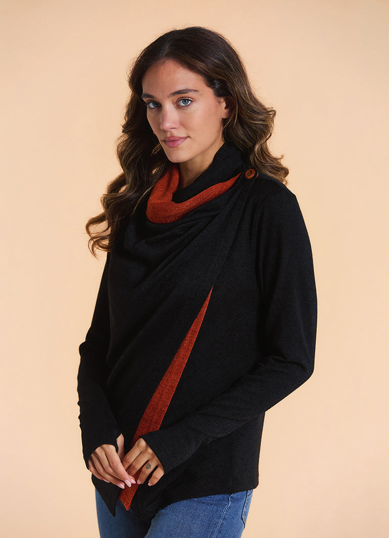 Cowl Neck Thumbhole Sleeve Terracotta Black Long Knit Cardigan