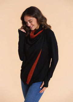 Cowl Neck Thumbhole Sleeve Terracotta Black Long Knit Cardigan