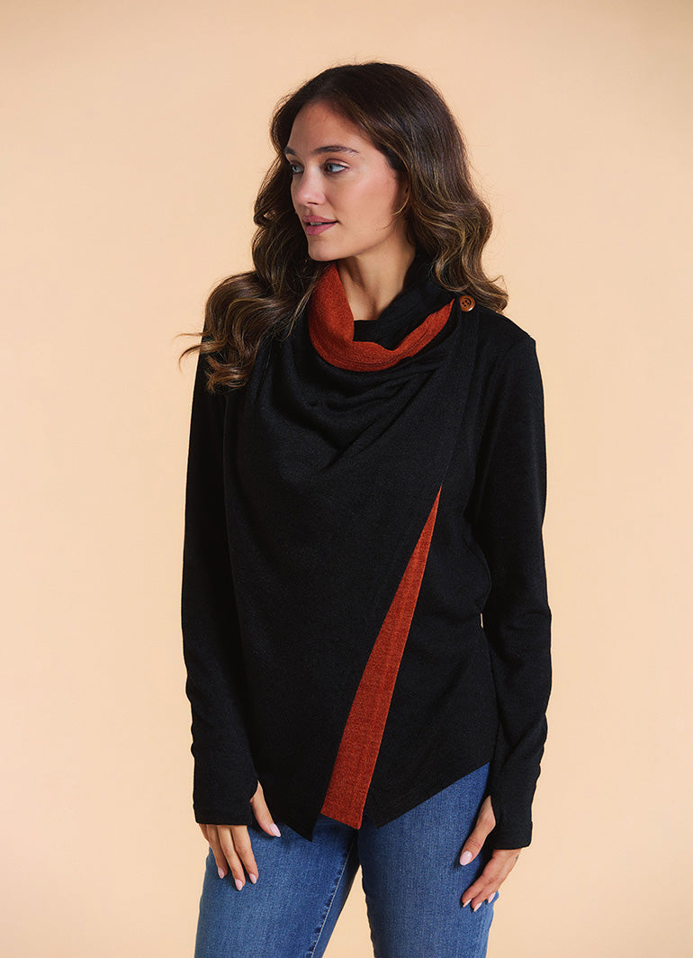 Cowl Neck Thumbhole Sleeve Terracotta Black Long Knit Cardigan