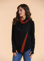 Cowl Neck Thumbhole Sleeve Terracotta Black Long Knit Cardigan
