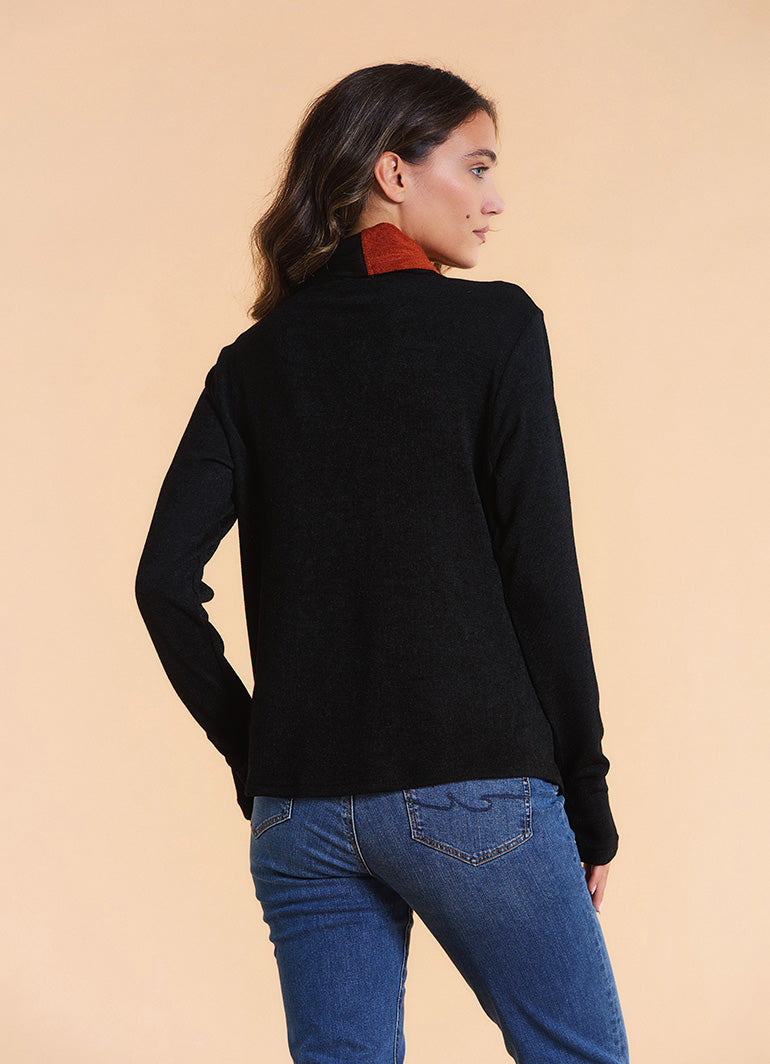 Cowl Neck Thumbhole Sleeve Terracotta Black Long Knit Cardigan