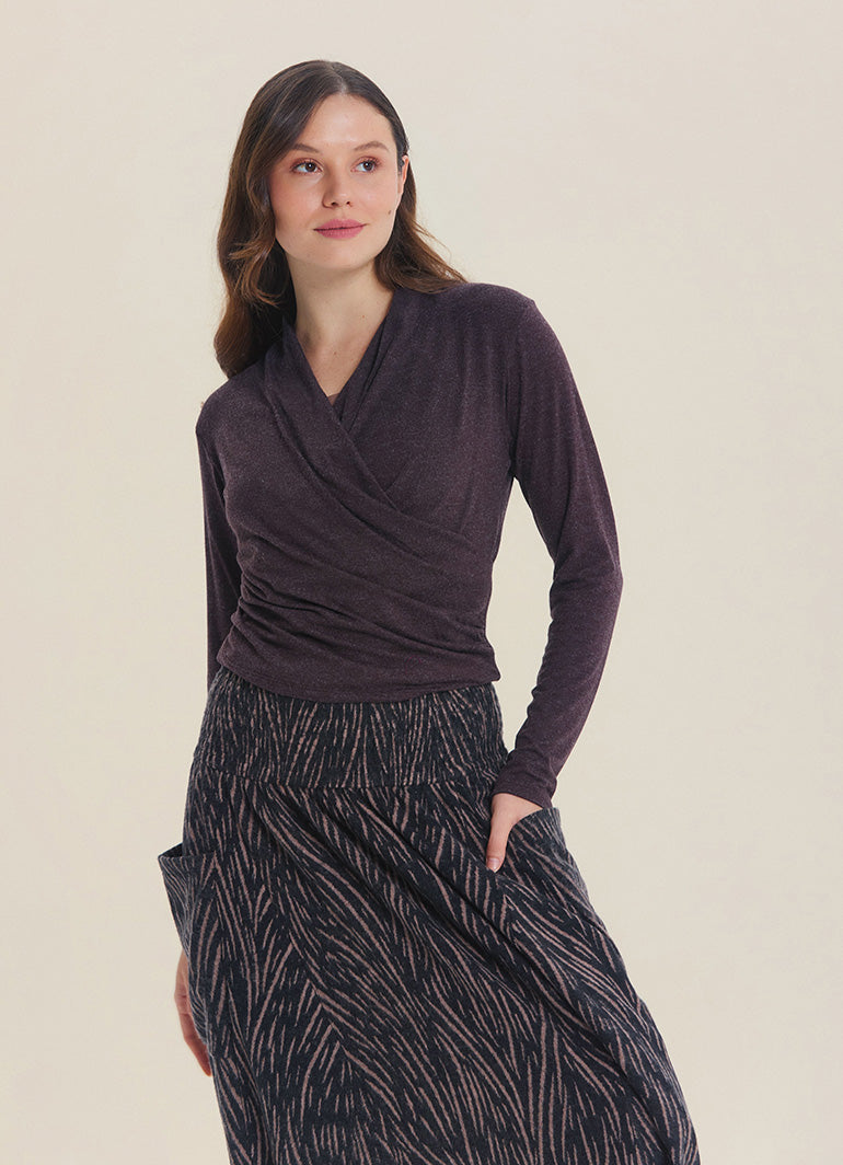 Wrap Neck Draped Brown Long Sleeve Blouse