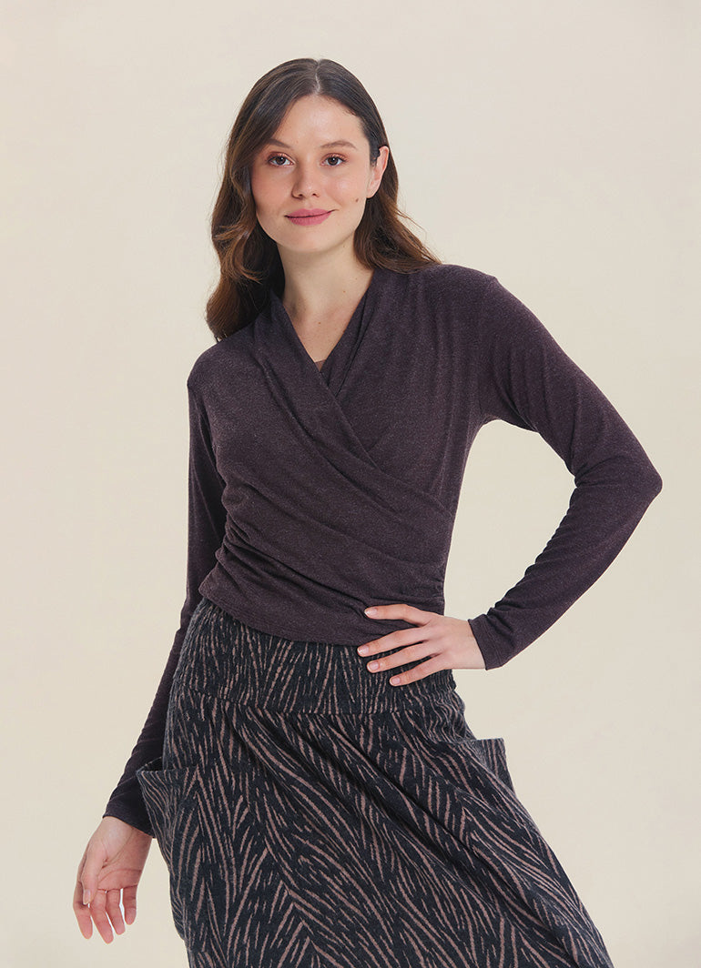 Wrap Neck Draped Brown Long Sleeve Blouse