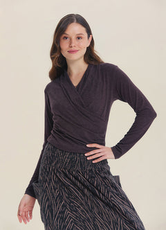 Wrap Neck Draped Brown Long Sleeve Blouse