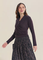 Wrap Neck Draped Brown Long Sleeve Blouse