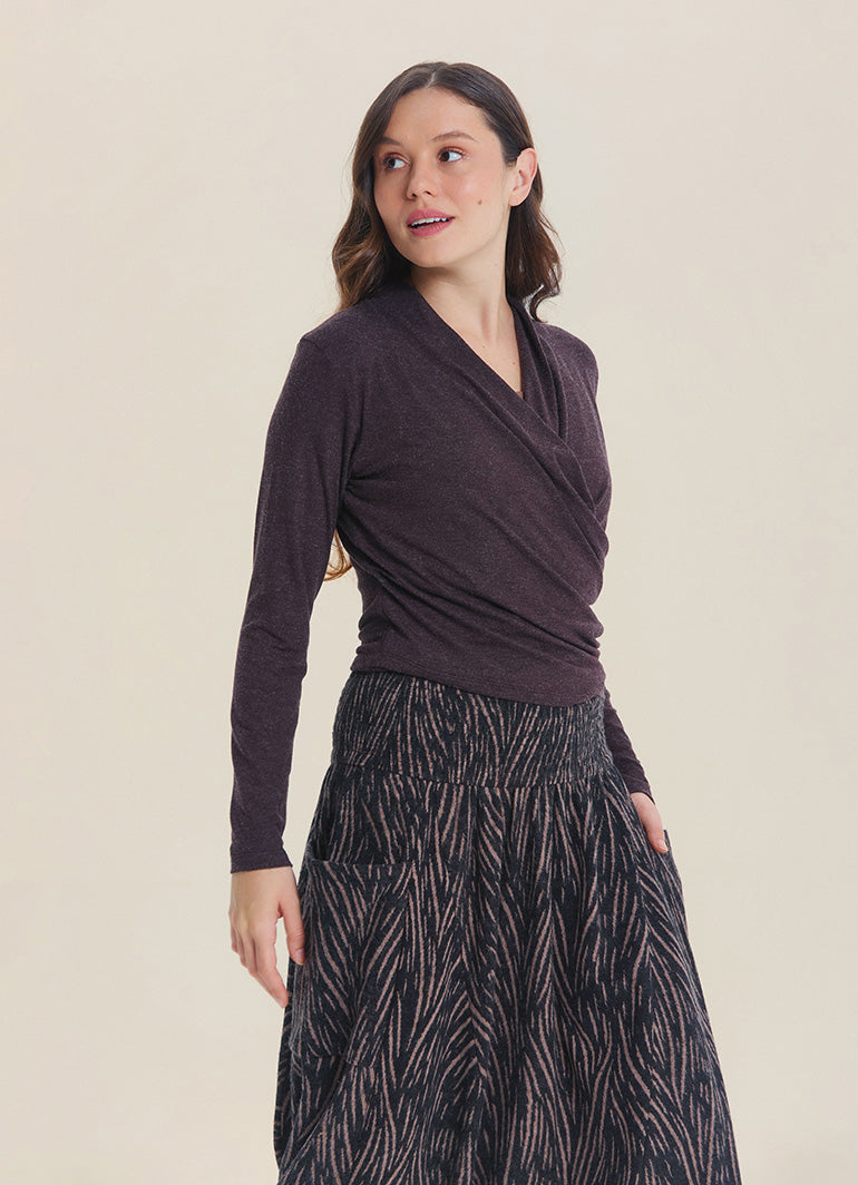 Wrap Neck Draped Brown Long Sleeve Blouse