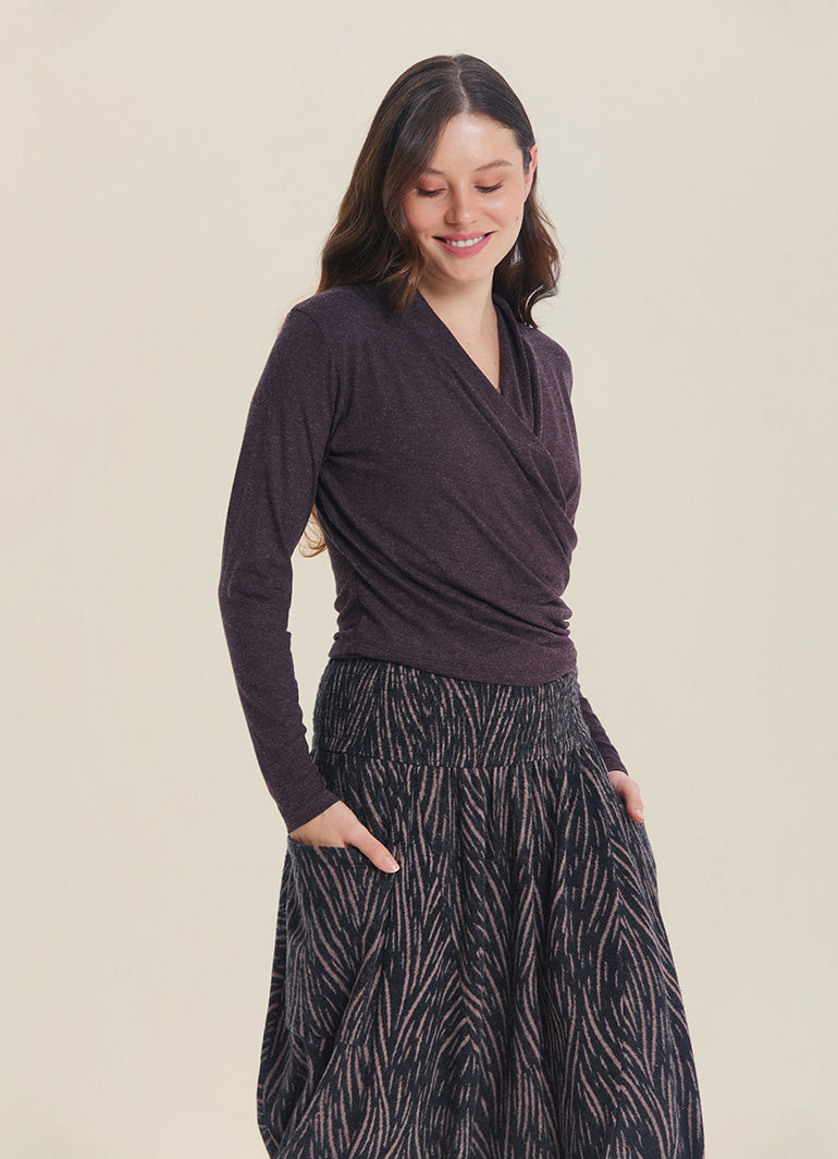 Wrap Neck Draped Brown Long Sleeve Blouse