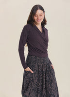 Wrap Neck Draped Brown Long Sleeve Blouse