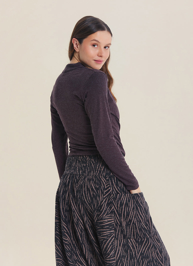 Wrap Neck Draped Brown Long Sleeve Blouse