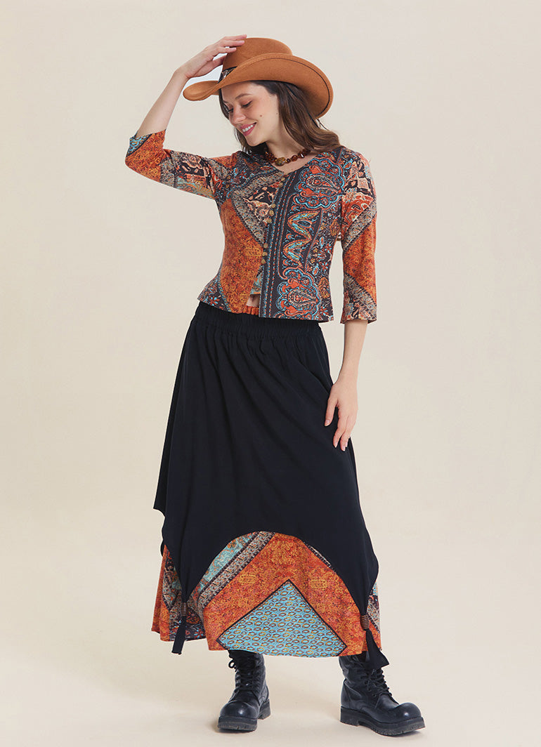 Elastic Waist Double Layer Brown Print Asymmetrical Skirt