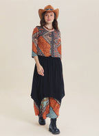Elastic Waist Double Layer Brown Print Asymmetrical Skirt
