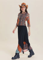 Elastic Waist Double Layer Brown Print Asymmetrical Skirt
