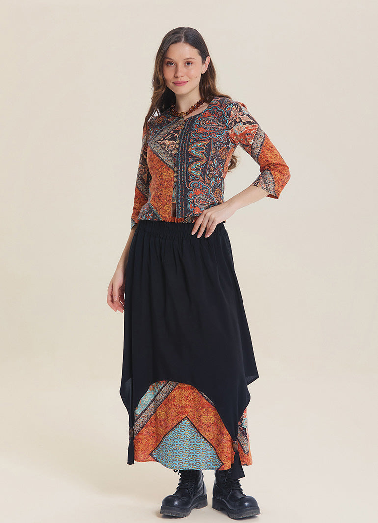 Elastic Waist Double Layer Brown Print Asymmetrical Skirt