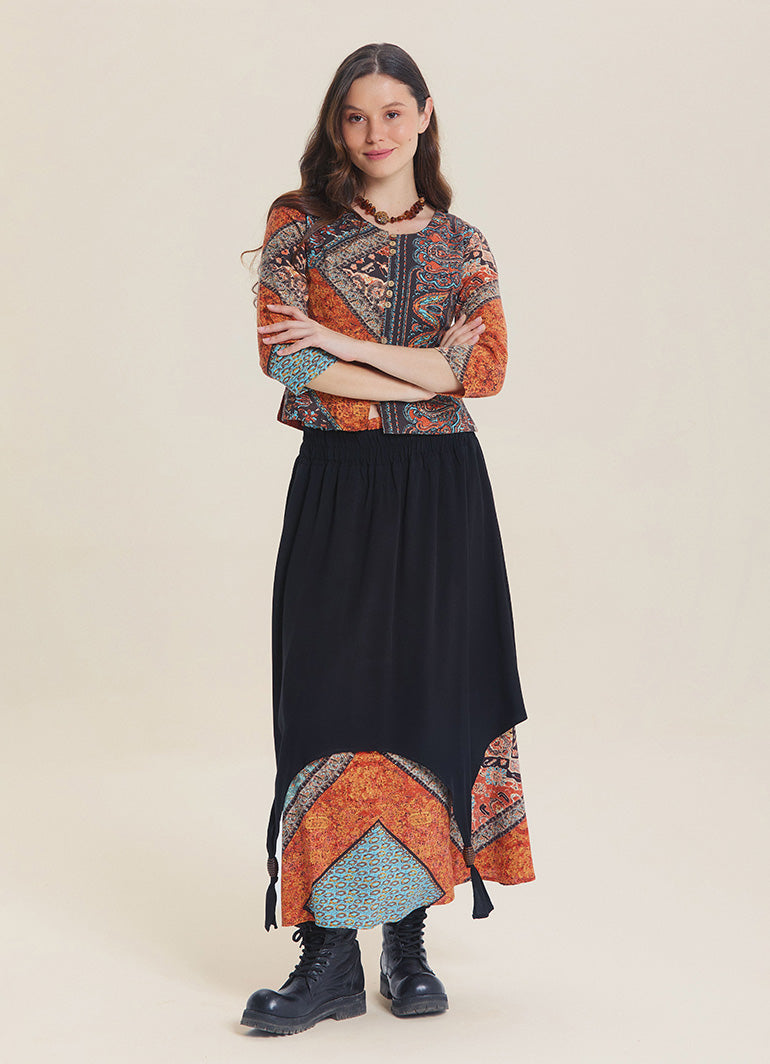 Elastic Waist Double Layer Brown Print Asymmetrical Skirt