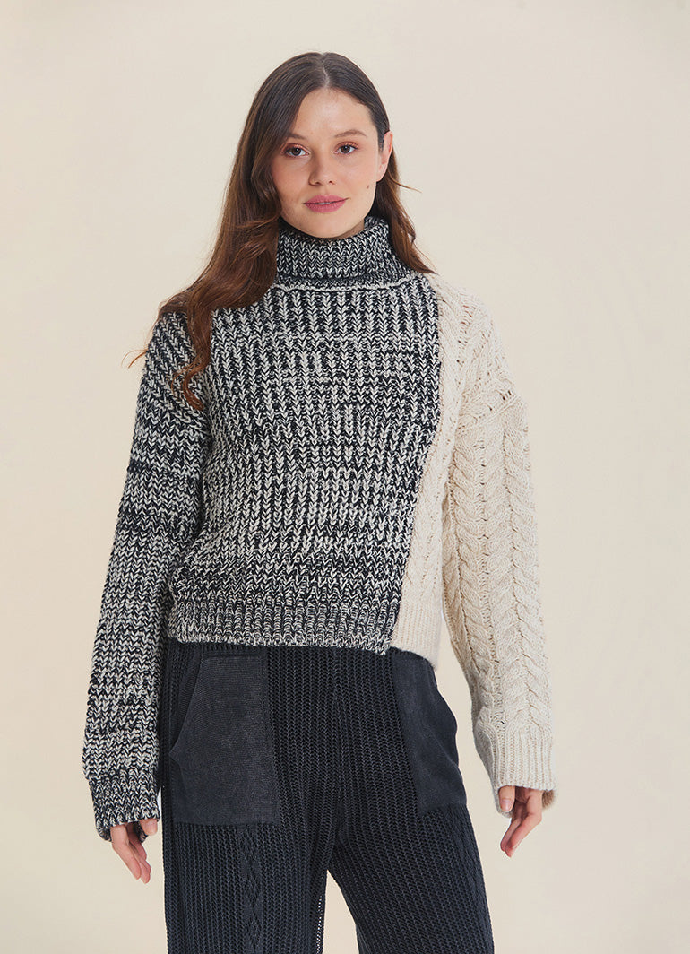 Turtleneck Mixed Knit Black Womens Sweater