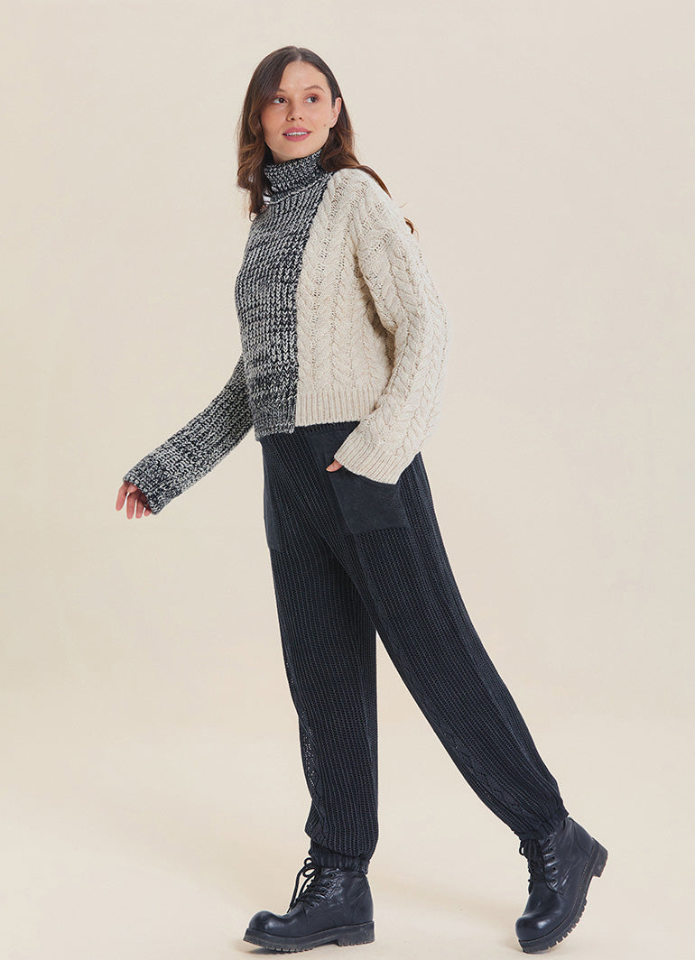 Turtleneck Mixed Knit Black Womens Sweater