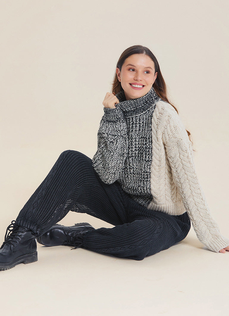 Turtleneck Mixed Knit Black Womens Sweater