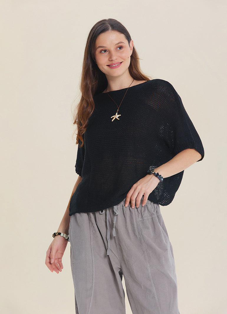 Wrap Front Half Sleeve Black Knit Winter Top