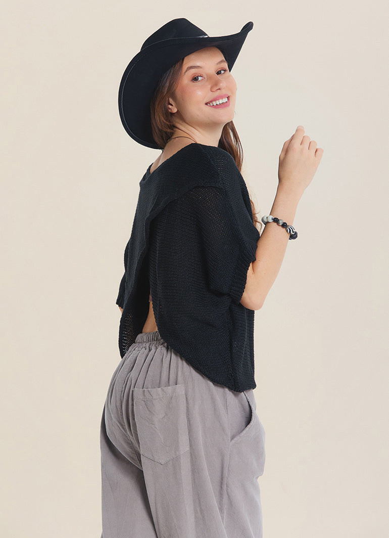 Wrap Front Half Sleeve Black Knit Winter Top