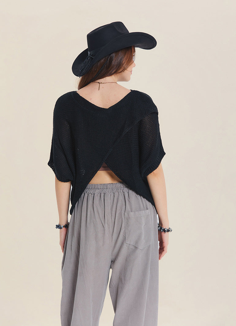 Wrap Front Half Sleeve Black Knit Winter Top