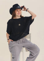 Wrap Front Half Sleeve Black Knit Winter Top