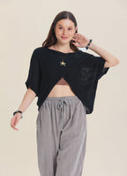 Wrap Front Half Sleeve Black Knit Winter Top