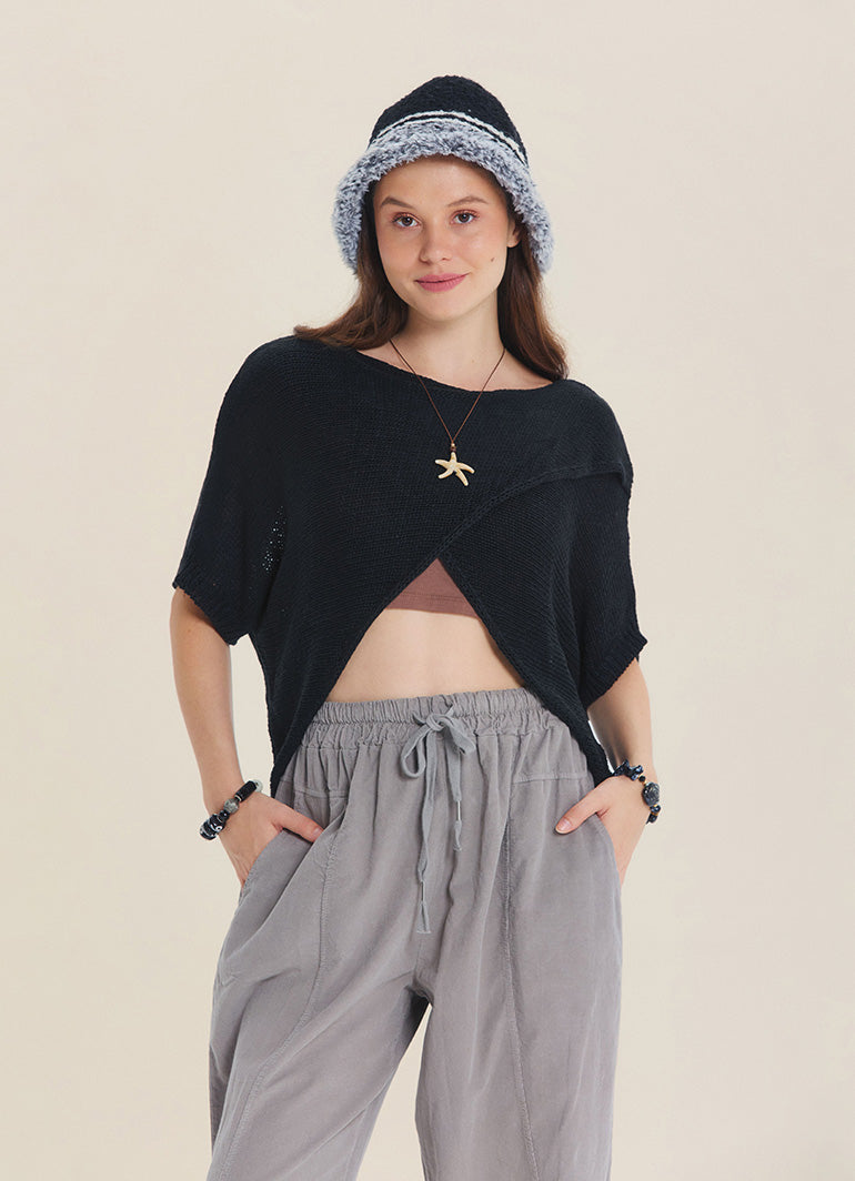 Wrap Front Half Sleeve Black Knit Winter Top