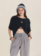 Wrap Front Half Sleeve Black Knit Winter Top