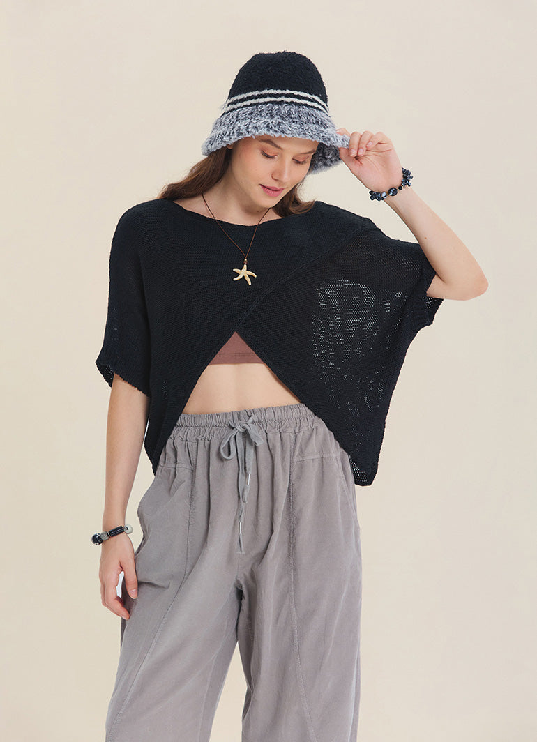 Wrap Front Half Sleeve Black Knit Winter Top