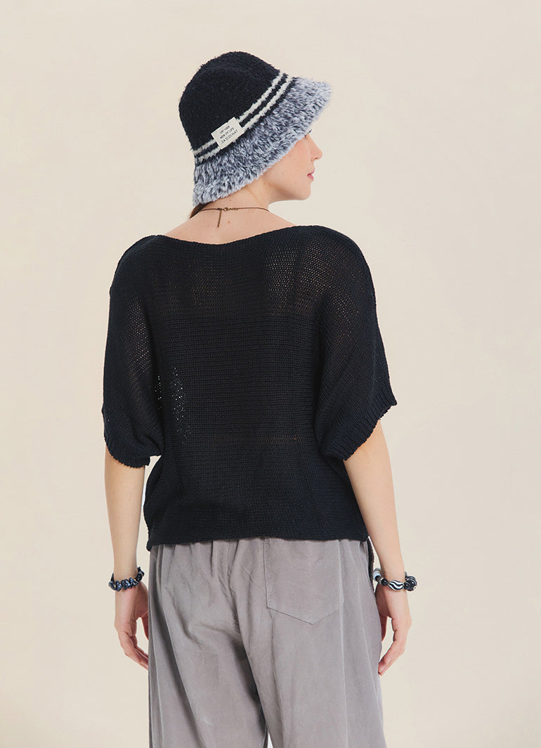 Wrap Front Half Sleeve Black Knit Winter Top