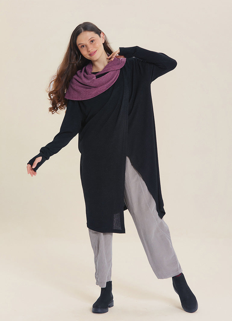 Hooded Wrap Front Thumbhole Sleeve Black Lilac Long Knit Cardigan