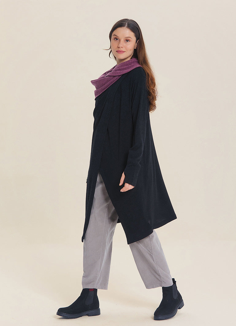 Hooded Wrap Front Thumbhole Sleeve Black Lilac Long Knit Cardigan