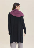 Hooded Wrap Front Thumbhole Sleeve Black Lilac Long Knit Cardigan