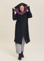Hooded Wrap Front Thumbhole Sleeve Black Lilac Long Knit Cardigan