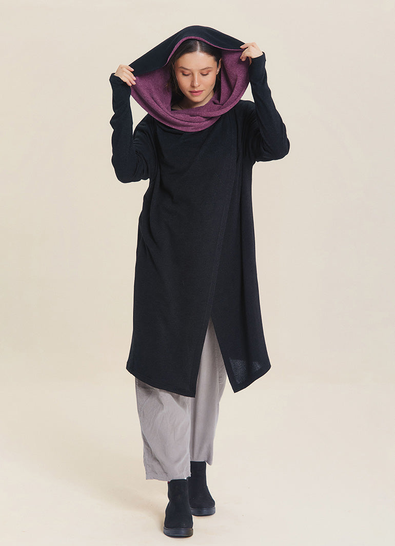 Hooded Wrap Front Thumbhole Sleeve Black Lilac Long Knit Cardigan