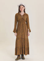 V Neck Spanish Sleeve Smocked Khaki Patterned Winter Dress