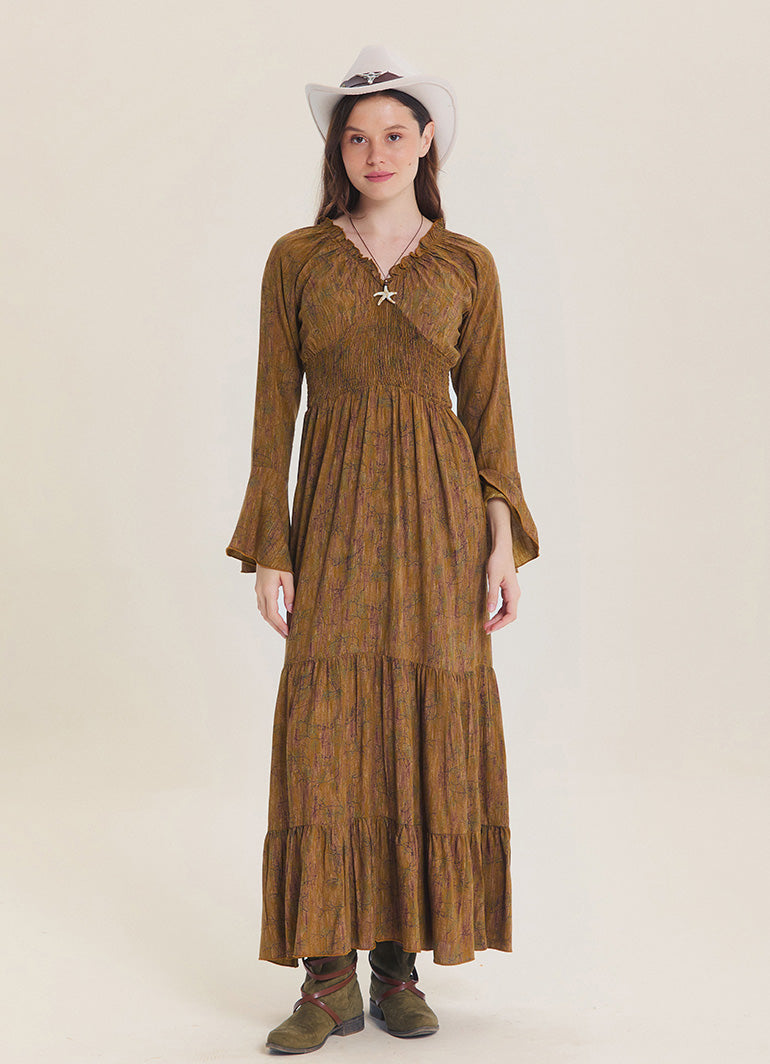 V Neck Spanish Sleeve Smocked Khaki Patterned Winter Dress