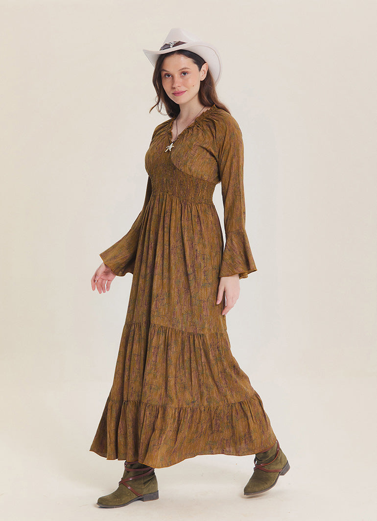 V Neck Spanish Sleeve Smocked Khaki Patterned Winter Dress