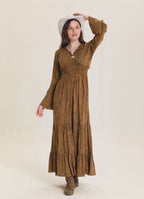 V Neck Spanish Sleeve Smocked Khaki Patterned Winter Dress