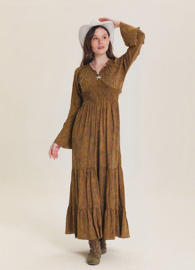 V Neck Spanish Sleeve Smocked Khaki Patterned Winter Dress