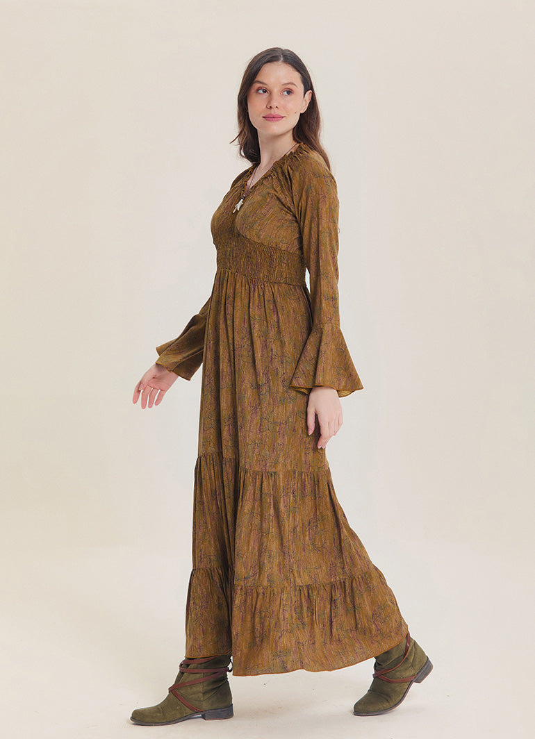 V Neck Spanish Sleeve Smocked Khaki Patterned Winter Dress