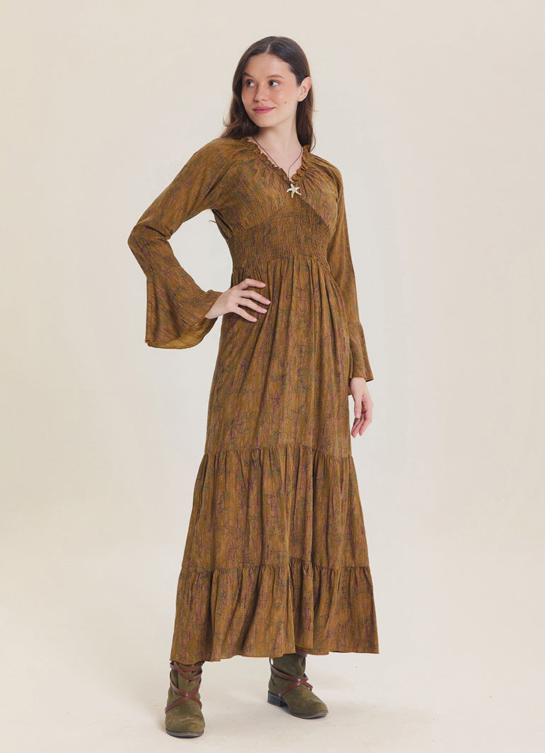 V Neck Spanish Sleeve Smocked Khaki Patterned Winter Dress