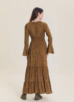 V Neck Spanish Sleeve Smocked Khaki Patterned Winter Dress